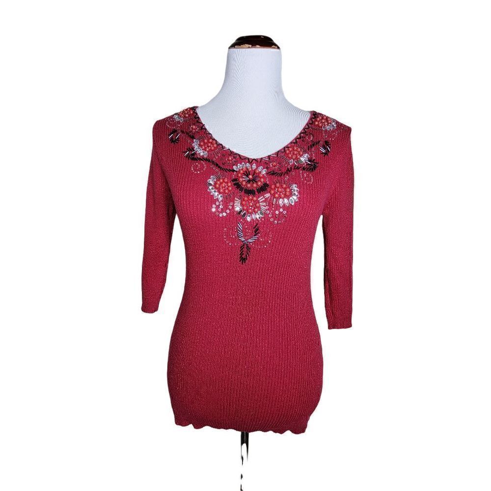 Lauren Michelle Bead Embellished Stretch Ribbed 3/4 Sleeve Sweater Petite Red